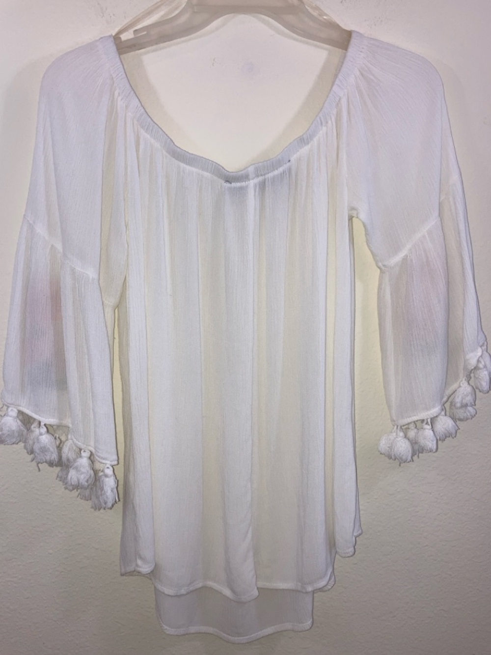 Blue Rain White Peasant Top with Floral Embroidery and Tassel Trim Size S - Picture 9 of 9